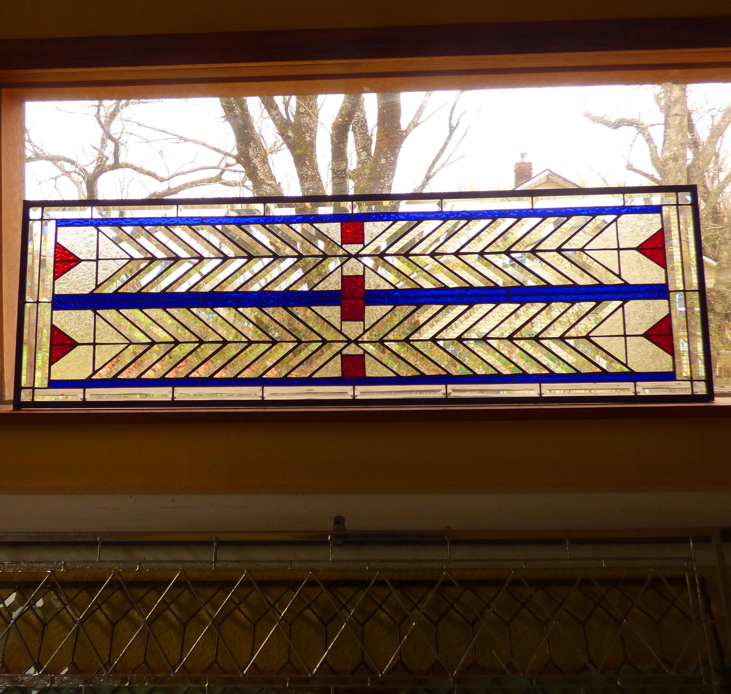 Stained Glass Bevel Transom or Sidelight - FLW Altered Design in Color