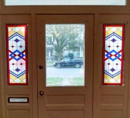 Stained Glass Panel - Transom / Sidelight - Red and Blue Prairie Style