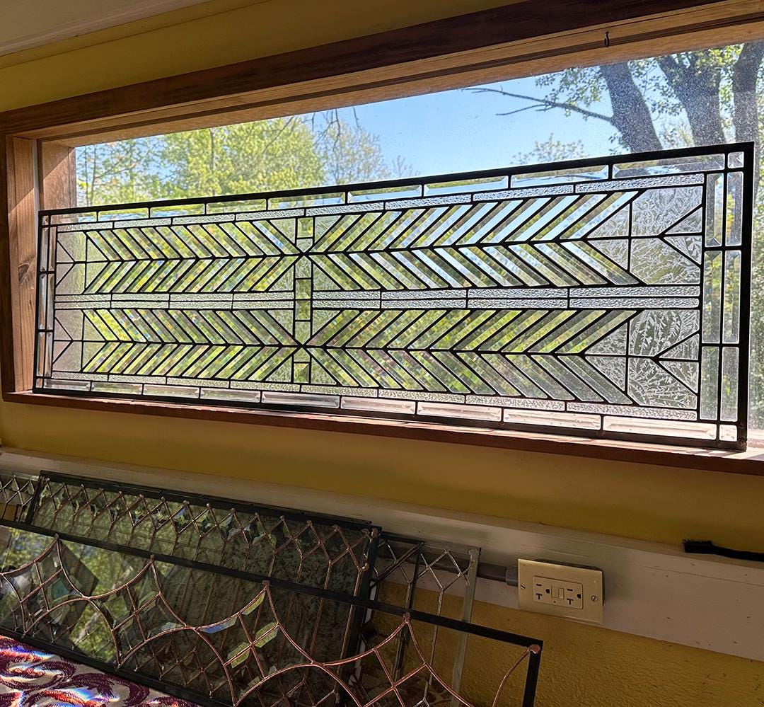 Stained Glass Bevel Transom or Sidelight - FLW Altered Design in Color