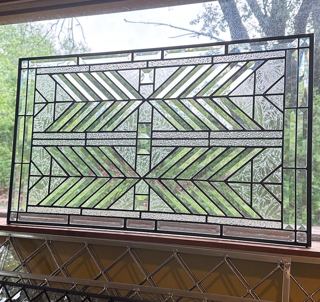 Stained Glass Bevel Transom or Sidelight - FLW Altered Design in Color