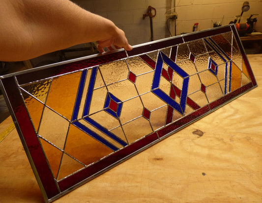 Stained Glass Panel - Transom / Sidelight - Red and Blue Prairie Style