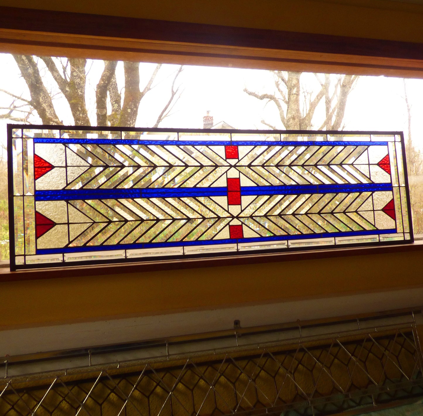 Stained Glass Bevel Transom or Sidelight - FLW Altered Design in Color