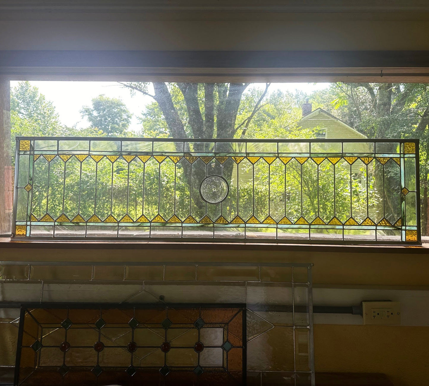Stained Glass Transom - Trellis Transom with Border and Rondel