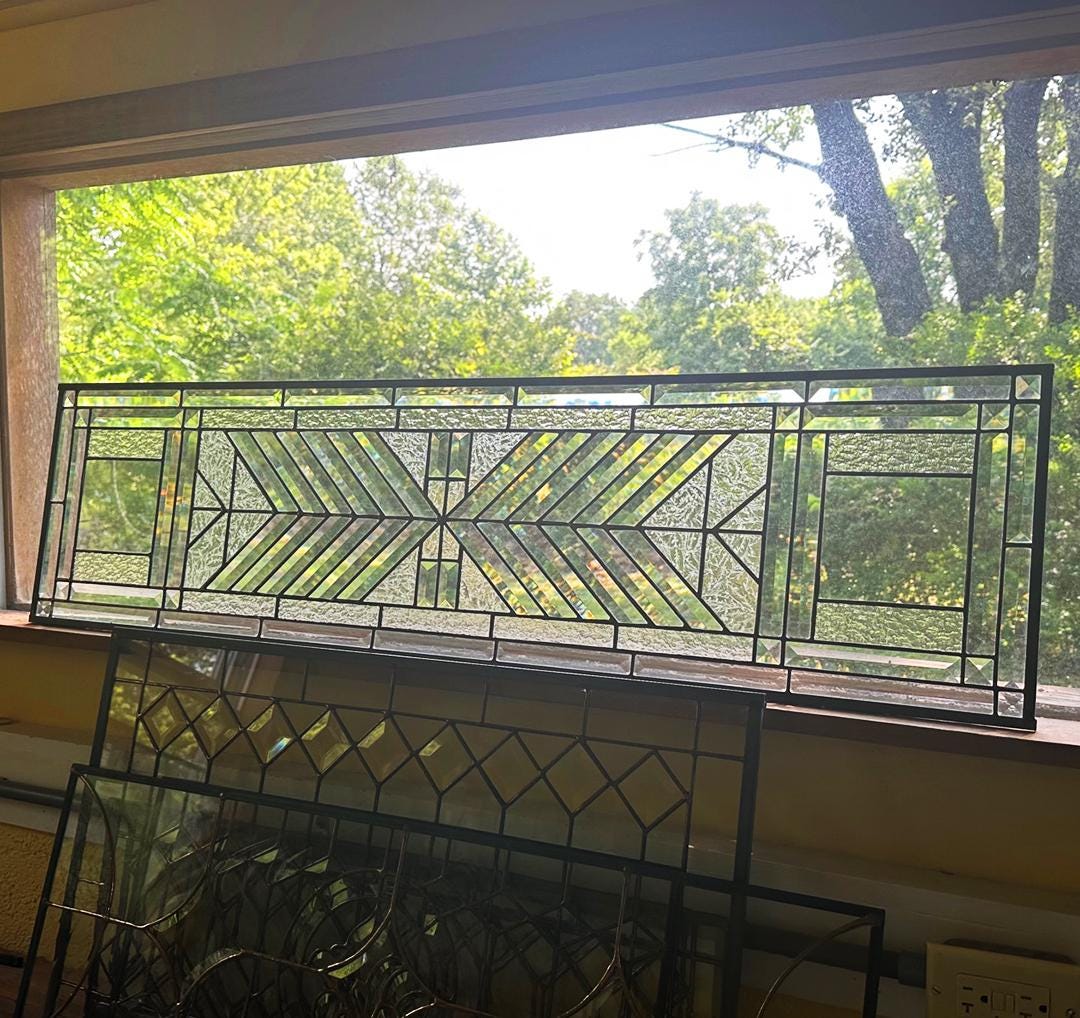 Stained Glass Bevel Transom or Sidelight - FLW Altered Design in Color