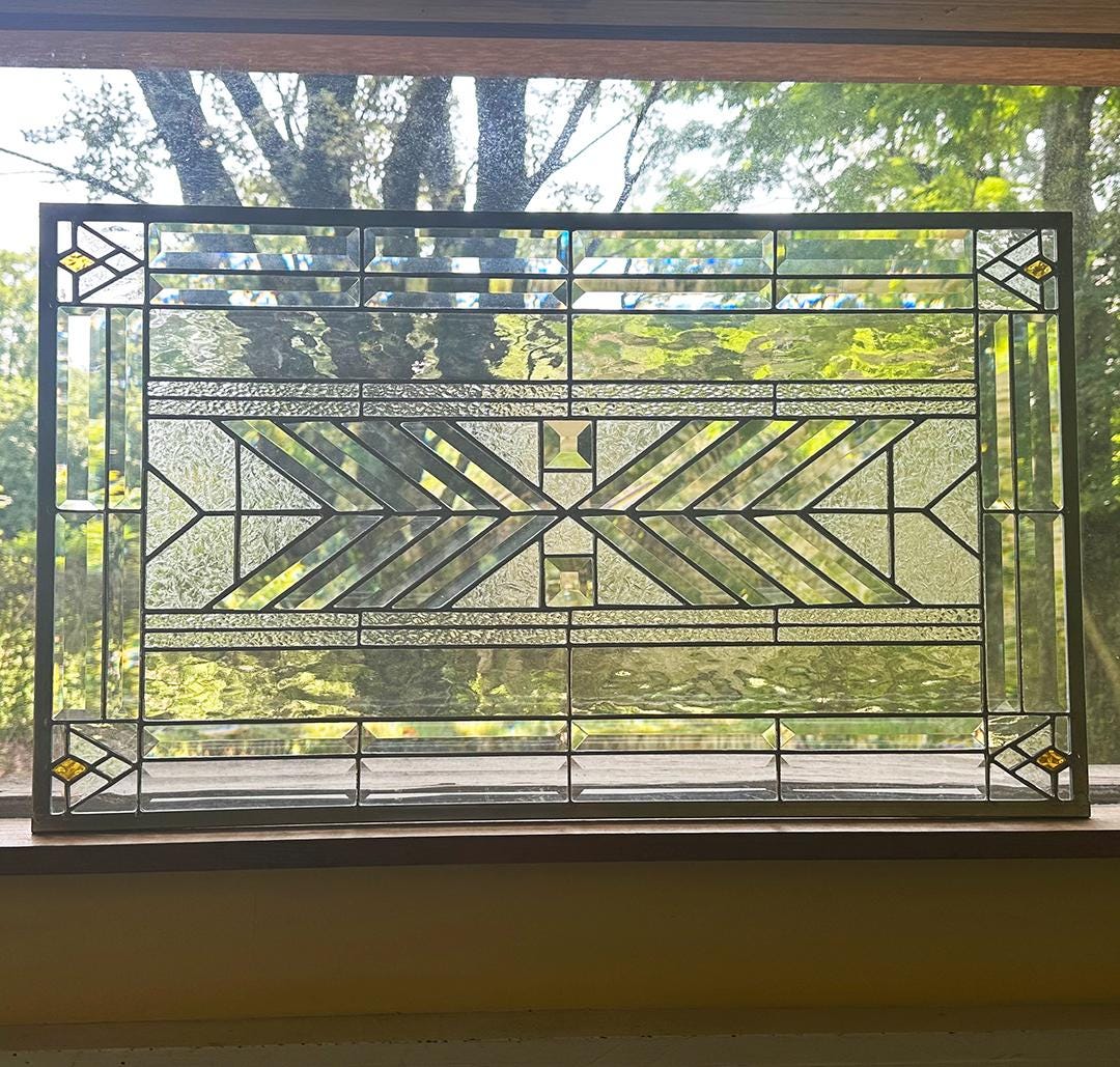Stained Glass Bevel Sidelight or Transom - FLW Altered Design in Color