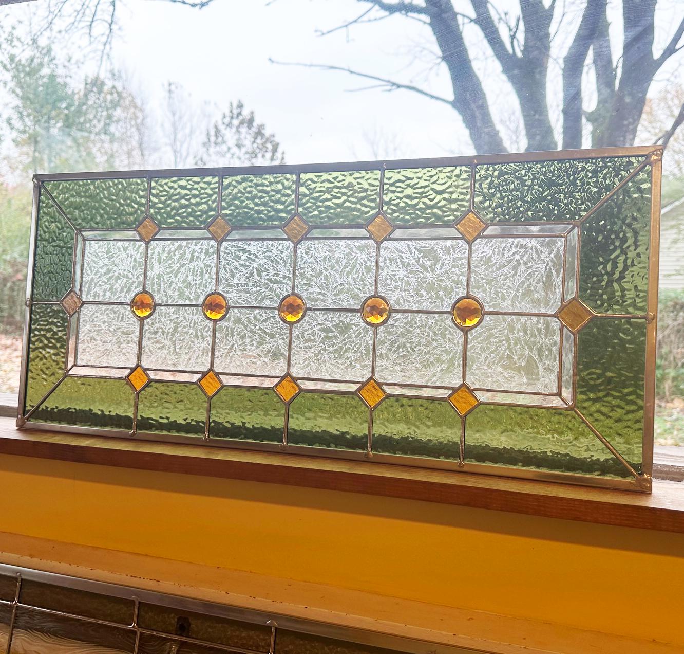 Stained Glass Sidelight or Transom - Olive Green Vintage Style