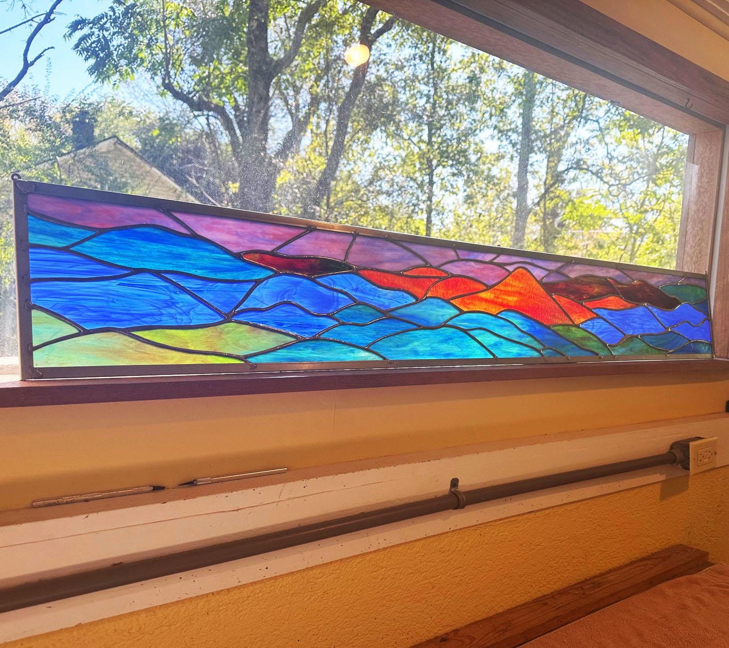 PREMADE and ready to SHIP - Stained Glass Transom - Scenic Mountains