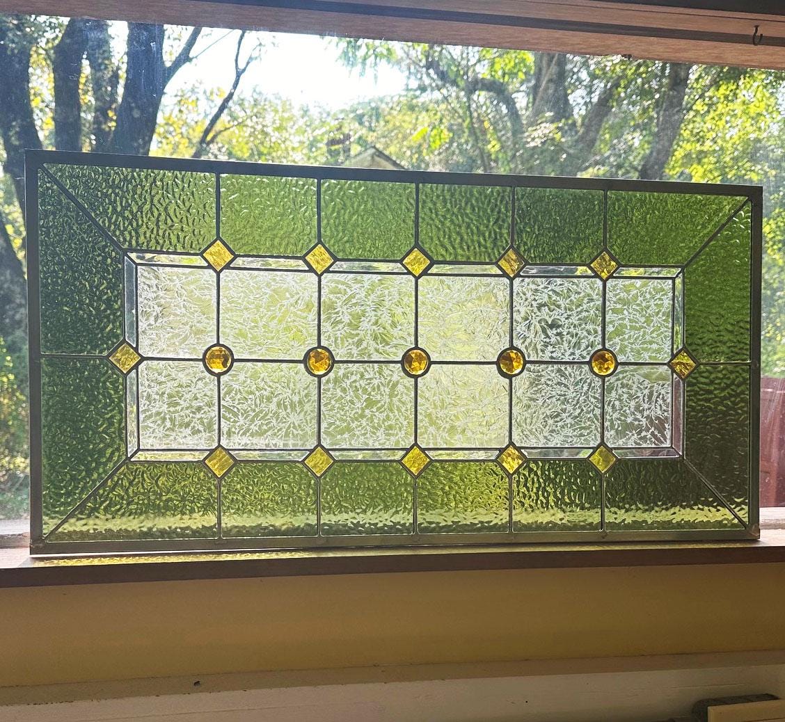 Stained Glass Sidelight or Transom - Olive Green Vintage Style