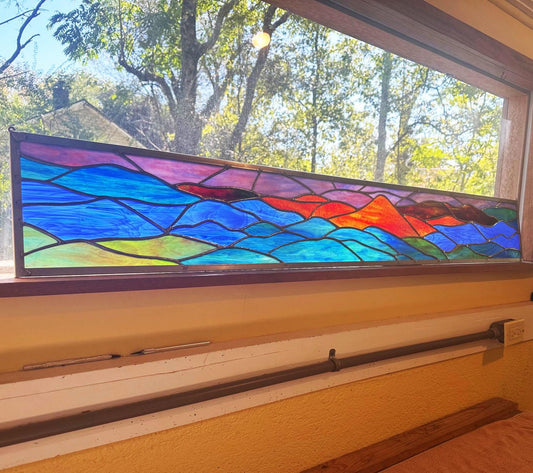 PREMADE and ready to SHIP - Stained Glass Transom - Scenic Mountains